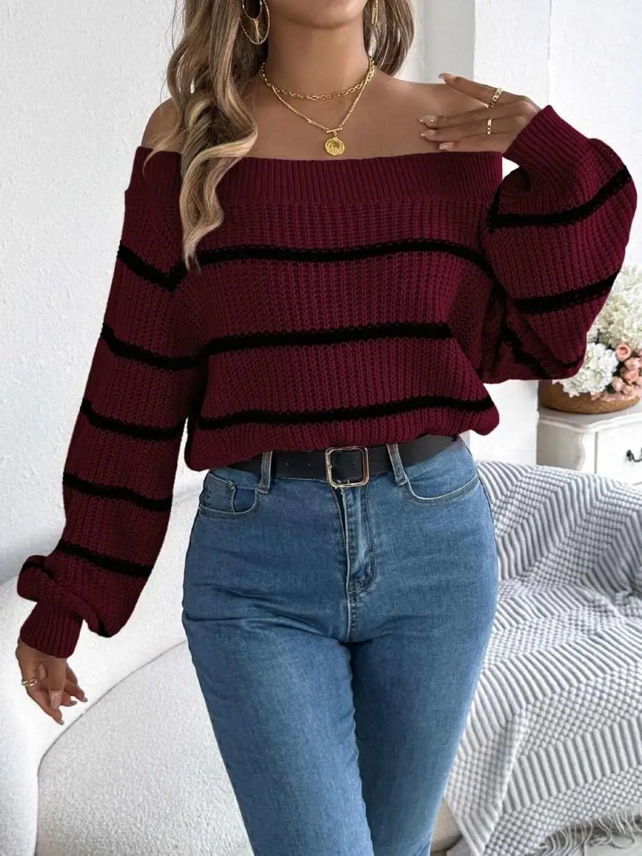 Striped Off-Shoulder Long Sleeve Sweater - Love Salve